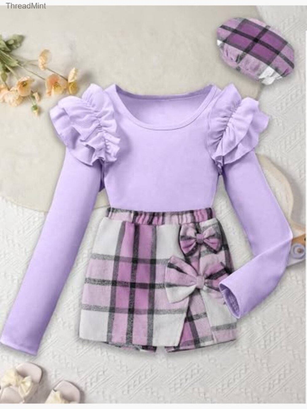 Kids Ruffle Sleeve Top & Plaid Skort Set with Hat 3PCS Size 11-12 - Picture 4 of 7